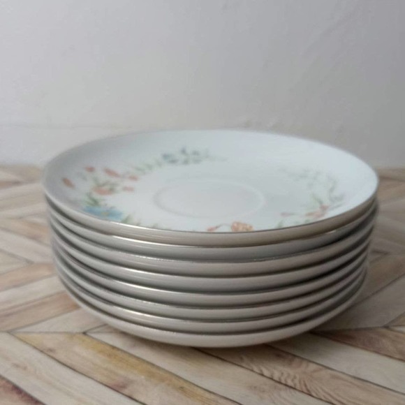 Premiere Fine China Silver Tone Trim Saucer Plates BERKSHIRE Floral Set Of 8 - Picture 10 of 10